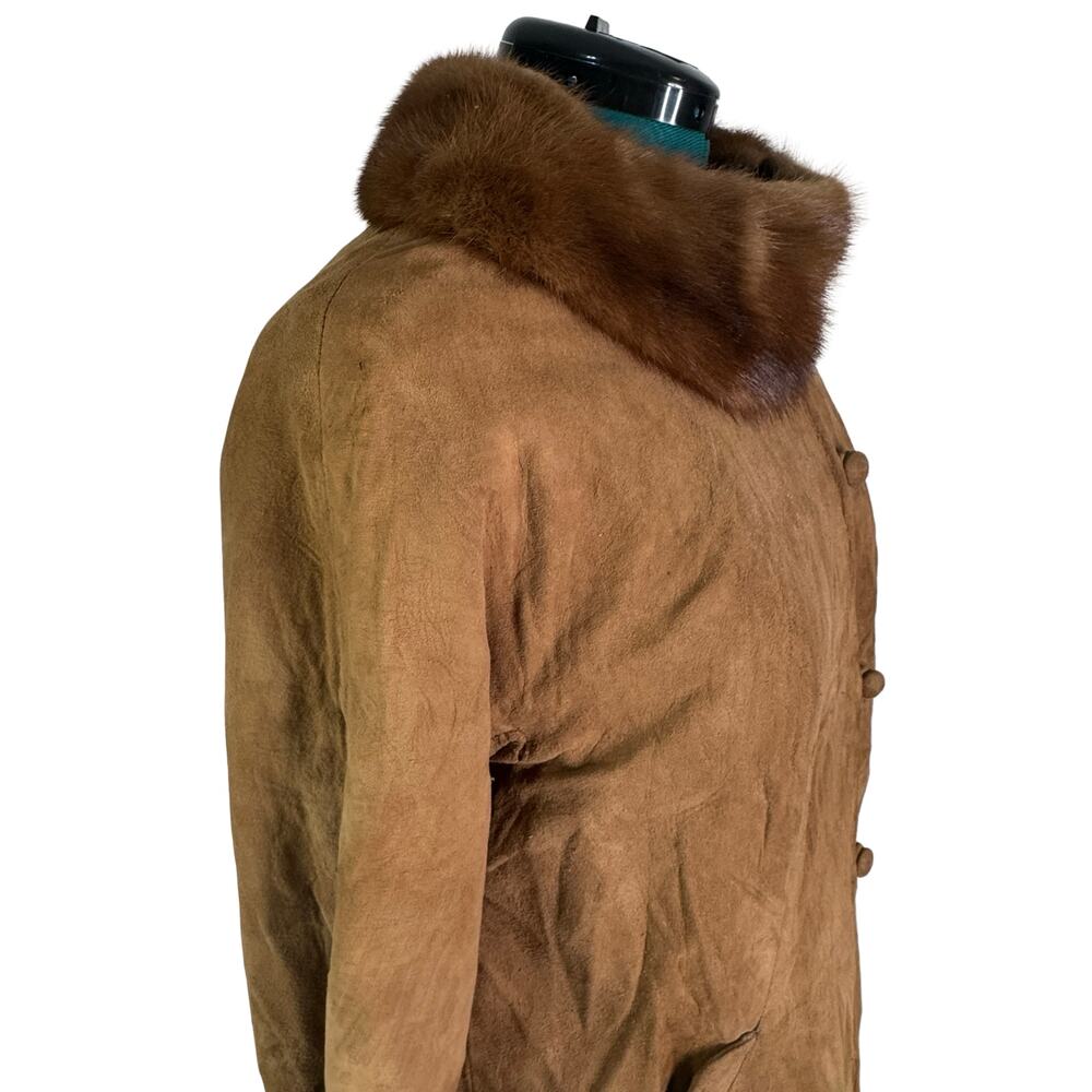 Vintage Brown Suede Coat with Dark Mink Fur Collar XS–S - Picture 9 of 16